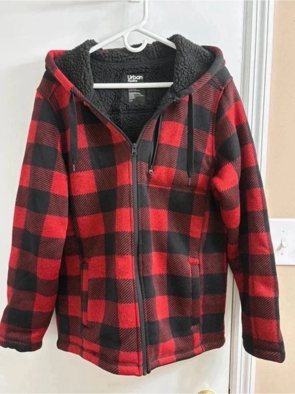 urban pipeline Red and Black Plaid Zip-Up Hooded Sweater